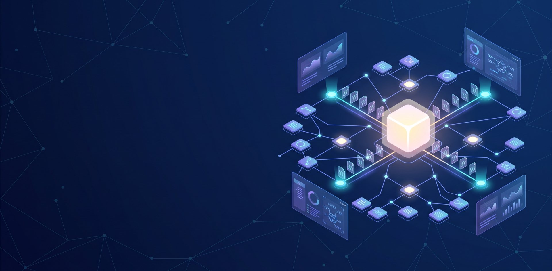 Isometric knowledge graph feeding structured data into a glowing central AI core