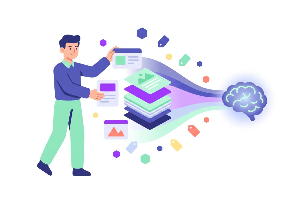 Person organising content blocks and structured data into a stream flowing into a glowing AI brain